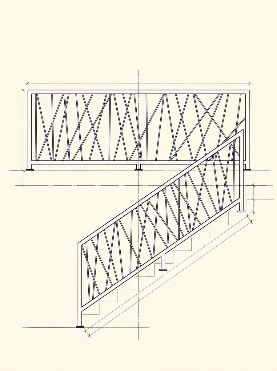 Szkic techniczny stalowej balustrady z krzyżowym wzorem przy schodach